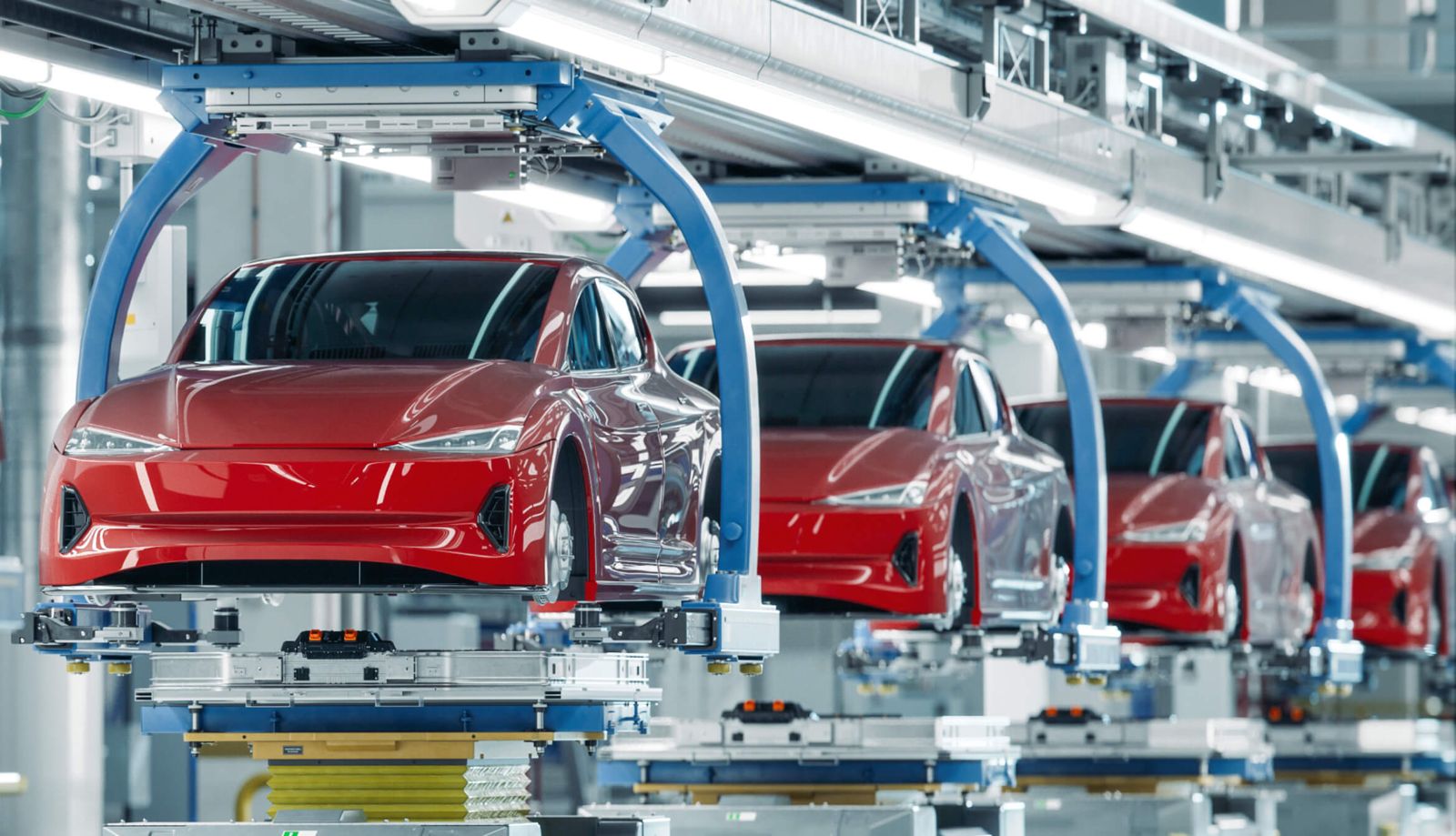 Robotic arm in a precision manufacturing facility with sharp blue focus