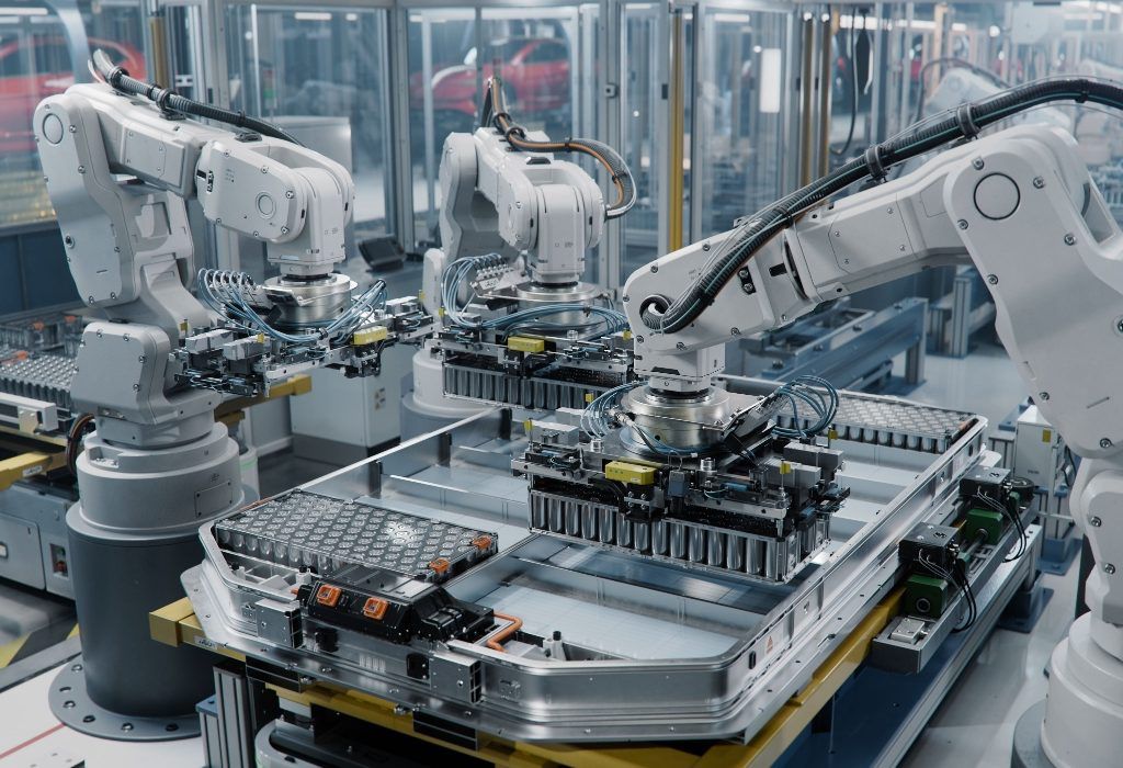 Robotic arm in a precision manufacturing facility with sharp blue focus